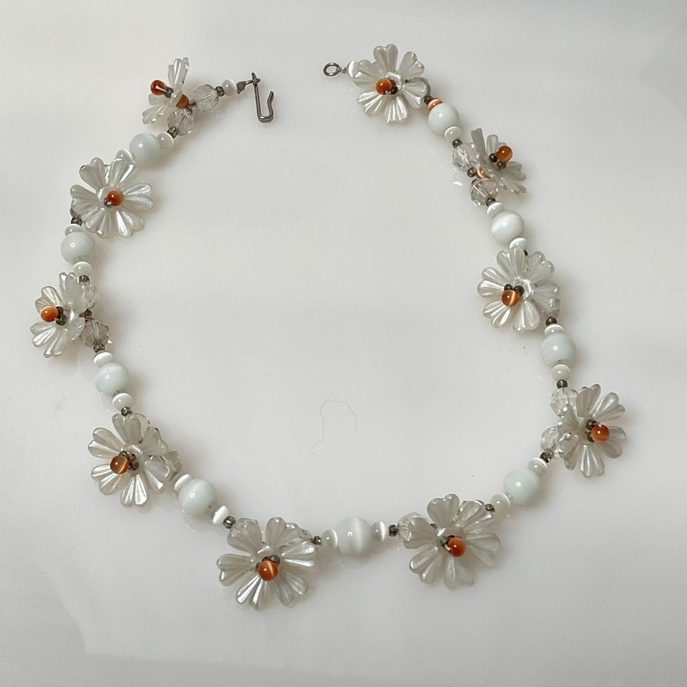 Vintage Mother of Pearl Daisy Flower Necklace Glass Cats Eye Choker 15" Romantic - Picture 5 of 12